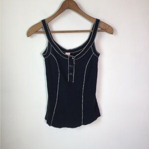 Free People Navy Blue Waffle Knit Henley Tank Top Contrast Stitching Small